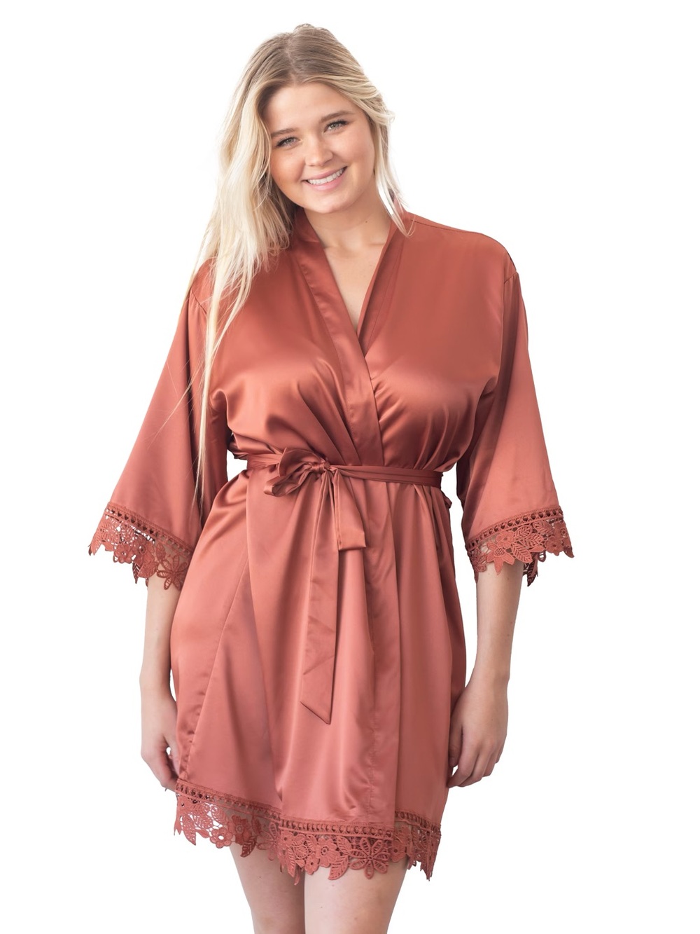 Satin Lace-Trim Short Robe in Rust